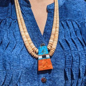Hopi Shell Beads Necklace Inlay‎ Turquoise Pendant Native American Handmade***